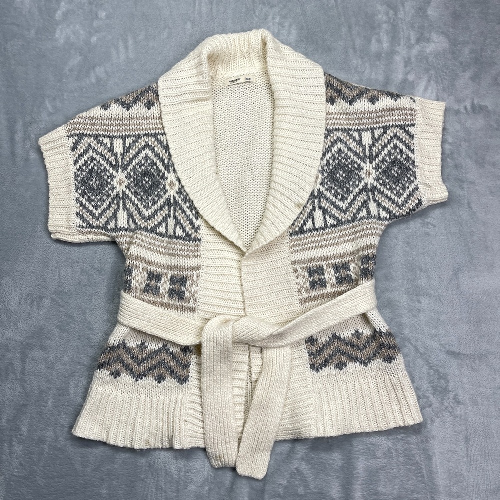 Old Navy Cardigan Sweater Womens Small Beige Fair Isle Shawl Collar Tie Waist